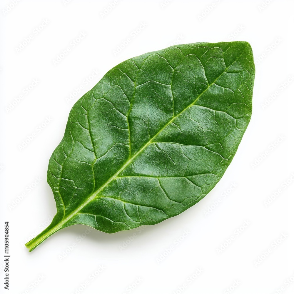 Vibrant Green Indian Spinach Leaf with Smooth Texture on White Background Vibrant Green Indian Spinach Leaf with Smooth Texture on White Background