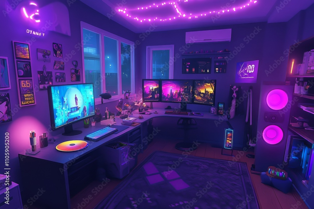 Cozy Gamer Workspace with Neon Lights and Dual Monitors in a Modern Room Setting Perfect for Creative Inspiration and Relaxation Cozy Gamer Workspace with Neon Lights and Dual Monitors in a Modern Room Setting Perfect for Creative Inspiration and Relaxation