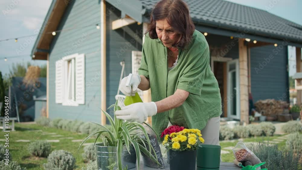 Camera moving closer to Caucasian woman working in garden. Plants in small pots located on table. Female spraying flowers with water before preparing greenery for planting in ground. Camera moving closer to Caucasian woman working in garden. Plants in small pots located on table. Female spraying flowers with water before preparing greenery for planting in ground.