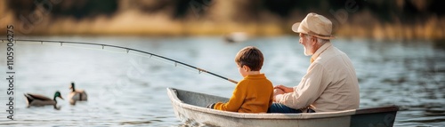 A serene moment of bonding by the water as a grandfather and grandson enjoy fishing together in a peaceful setting. photo