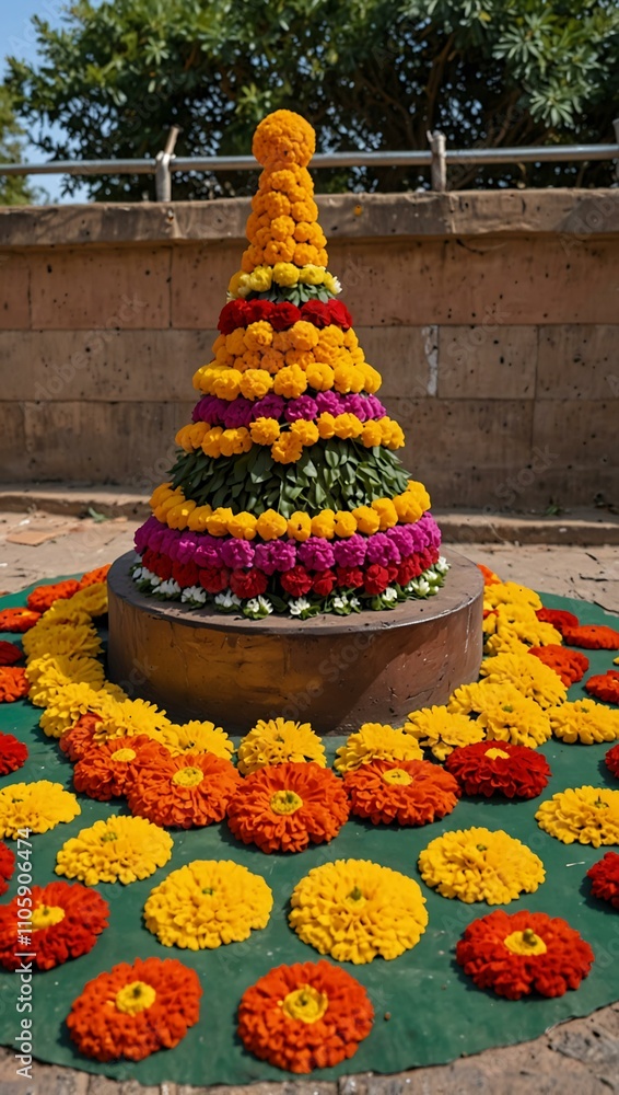 Naklejka premium Dashera Festival decorations with marigold flowers and rangoli.
