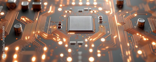 Intricate Neural Processing Chip Close-Up - Detailed Circuitry with Illuminated Silicon Pathways on Glossy Metallic Edges in Minimalistic Studio Setting