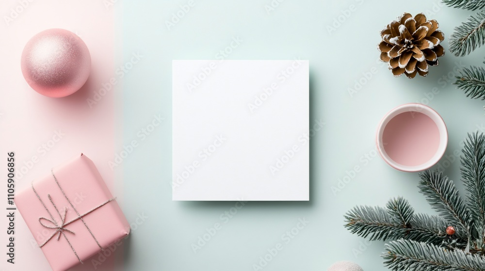 Blank square paper mockup surrounded by festive Christmas decorations. Blank square paper mockup surrounded by festive Christmas decorations.