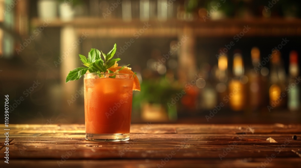 A glass of red drink with a green garnish on top sits on a wooden table. The drink appears to be a cocktail, and the garnish adds a touch of freshness to the drink. The scene is set in a bar A glass of red drink with a green garnish on top sits on a wooden table. The drink appears to be a cocktail, and the garnish adds a touch of freshness to the drink. The scene is set in a bar