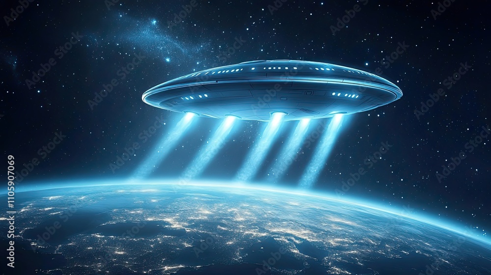 Spaceship Hovering Above Earth Illuminating The Planet Spaceship Hovering Above Earth Illuminating The Planet