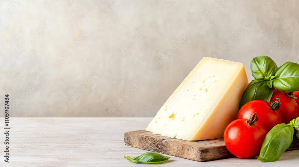 Fresh cheese, tomatoes, and basil on a wooden board create a rustic, appetizing display perfect for culinary presentations and food photography. Fresh cheese, tomatoes, and basil on a wooden board create a rustic, appetizing display perfect for culinary presentations and food photography.