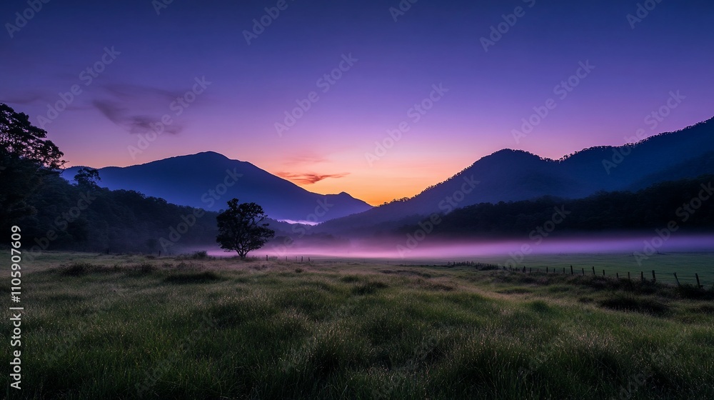 Misty sunrise over a valley with mountains and a solitary tree. Misty sunrise over a valley with mountains and a solitary tree.