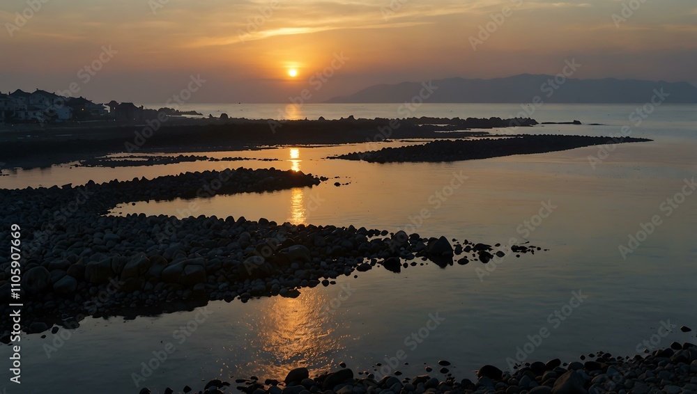 Fototapeta premium Dawn over Miura City’s rocky coast.