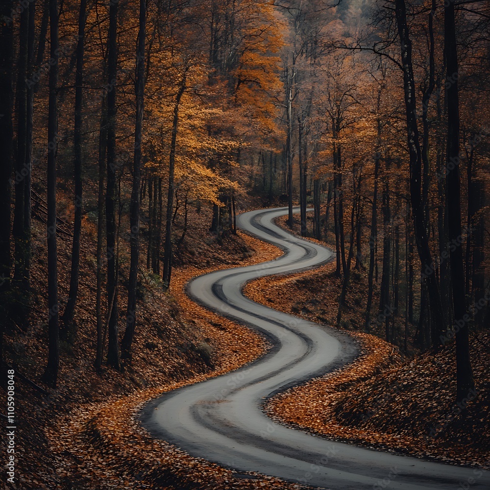 Serene vertical view of a road curving through forest canopy Serene vertical view of a road curving through forest canopy