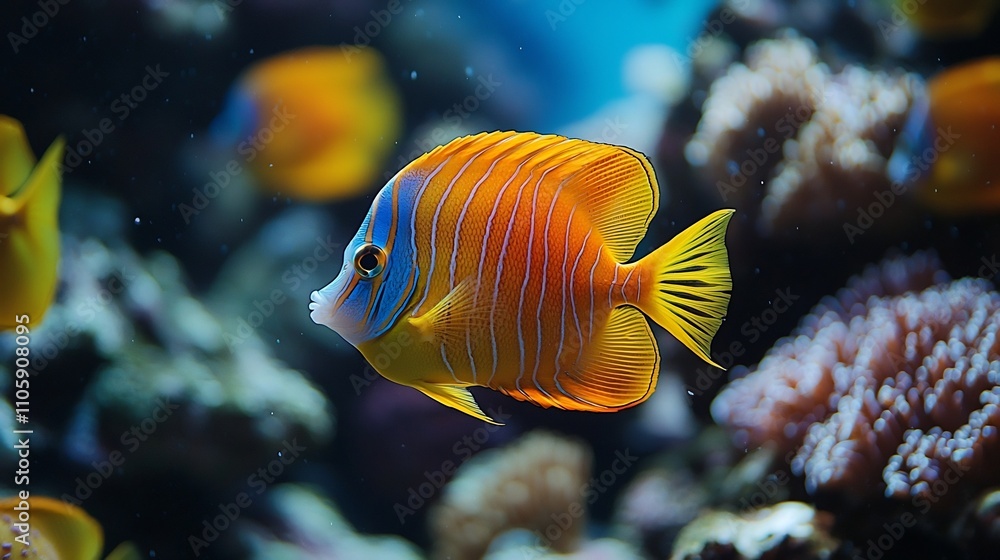 Obraz premium Vibrant Underwater Reef Teeming with Ornamental Fish in Harmonious Swim