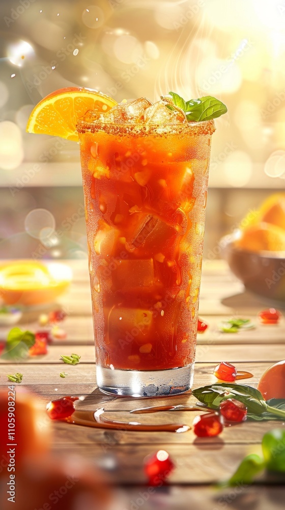 A glass of tea with ice cubes and a slice of orange on top. The drink is served on a wooden table with a bowl of oranges and a pomegranate A glass of tea with ice cubes and a slice of orange on top. The drink is served on a wooden table with a bowl of oranges and a pomegranate