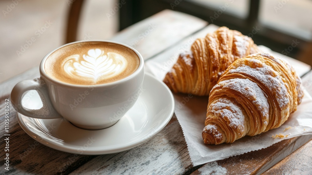 Perfect Latte with Croissants on Rustic Wooden Table Perfect Latte with Croissants on Rustic Wooden Table
