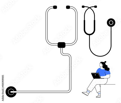 Medical professional using laptop beside giant stethoscope, symbolizing modern digital healthcare. Ideal for telemedicine, online consultation, healthcare technology, medical innovation, patient