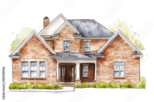 Hand-drawn suburban brick house with lush greenery.