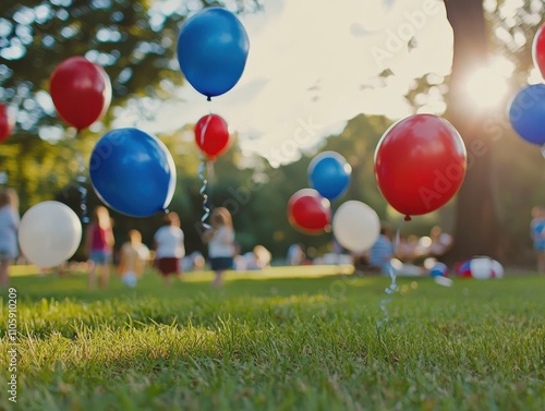 Festive red, white, and blue balloons floating above a grassy park during a sunny outdoor celebration with people in the background.