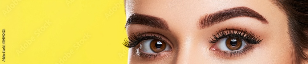 Obraz premium Close-up of a model highlighting perfect eyebrows and long eyelashes, showcasing the results of beauty treatments against a vibrant yellow backdrop