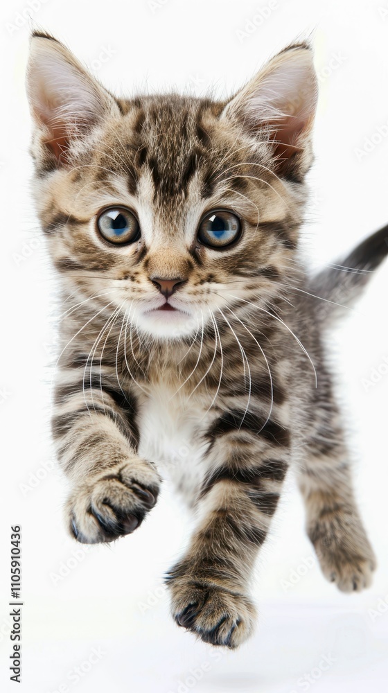 A playful tabby kitten with striking blue eyes is shown mid-leap, showcasing its lively and curious personality against a white background. A playful tabby kitten with striking blue eyes is shown mid-leap, showcasing its lively and curious personality against a white background.