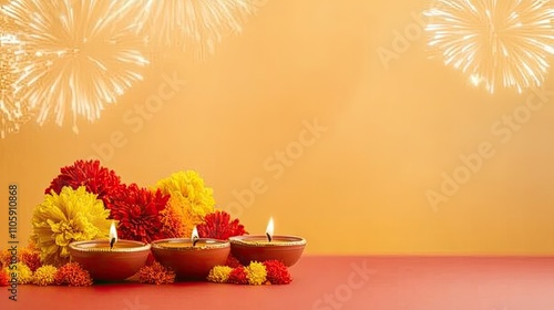 Festive Decorations with Traditional Diyas and Colorful Flowers Celebrate Festival of Lights with Bright Fireworks in the Background photo