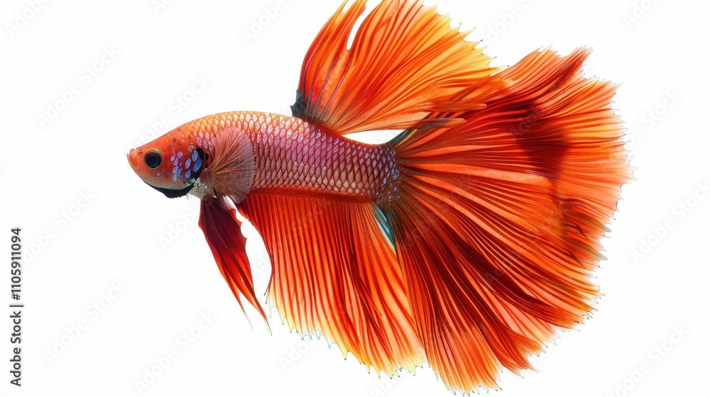 Fototapeta premium A vibrant orange betta fish showcasing elaborate fins and a graceful swim, set against a clean white background.