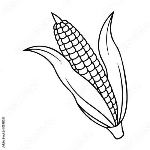 Black and white outline of a corn ear with husk, showcasing detailed kernels and leaves