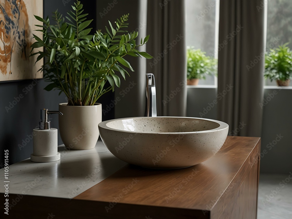 Fototapeta premium Decorative round sink on counter with nearby plants.