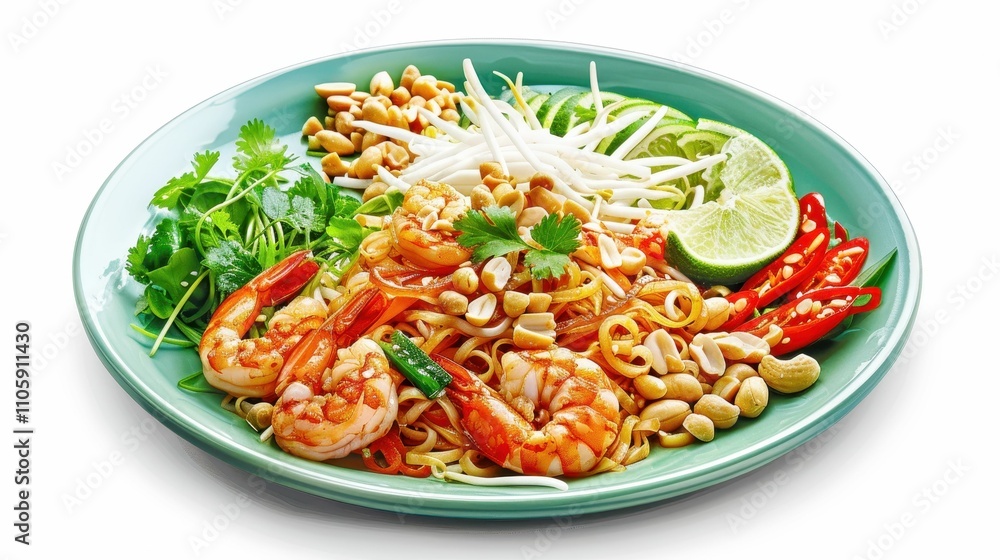 A vibrant plate of shrimp noodles garnished with fresh herbs, lime, peanuts, and chili, showcasing a delicious Asian-inspired dish. A vibrant plate of shrimp noodles garnished with fresh herbs, lime, peanuts, and chili, showcasing a delicious Asian-inspired dish.