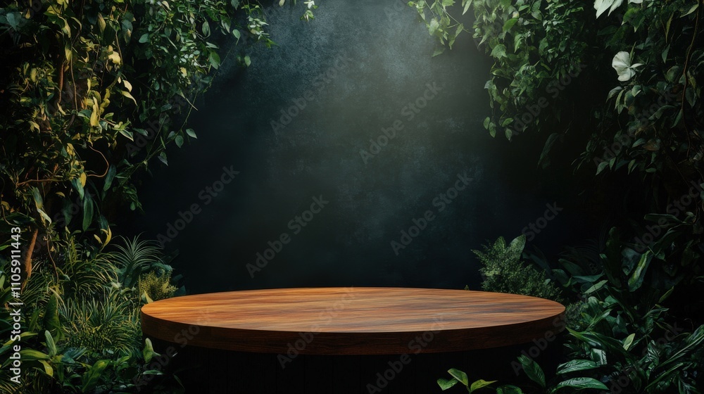 Lush Greenery Frames Wooden Round Display Platform Lush Greenery Frames Wooden Round Display Platform