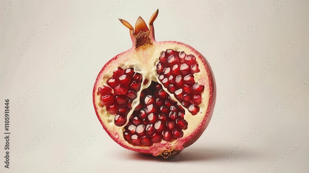 A vibrant pomegranate cut in half, showcasing its juicy red seeds and intricate inner structure against a neutral background.