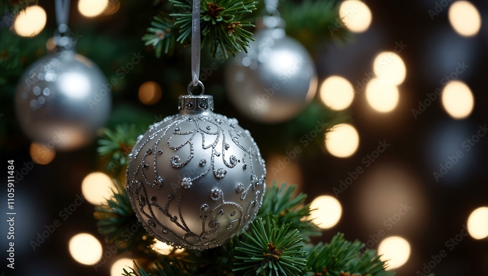 Decorative silver baubles on a Christmas tree with blurred lights. Decorative silver baubles on a Christmas tree with blurred lights.