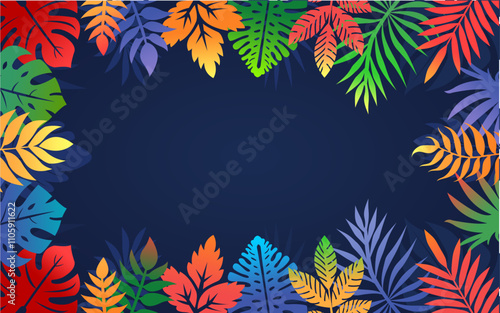 Hello Summer concept design, abstract illustration with jungle exotic leaves, colourful design, summer background and banner. Tropical leaves background. Summer holiday banner with tropical foliage.