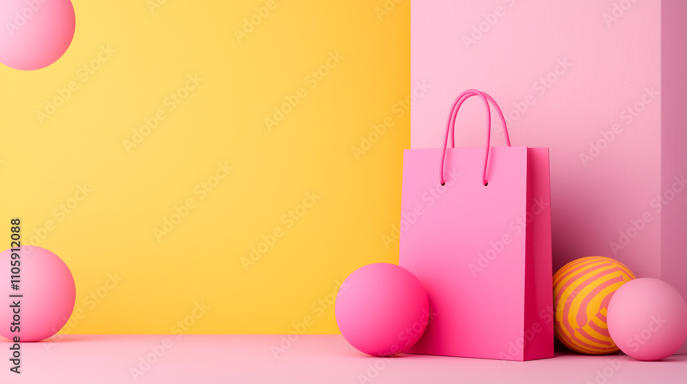 Pink shopping bag and decorative spheres against vibrant yellow and pink background, showcasing modern fashion and minimalistic design. Pink shopping bag and decorative spheres against vibrant yellow and pink background, showcasing modern fashion and minimalistic design.