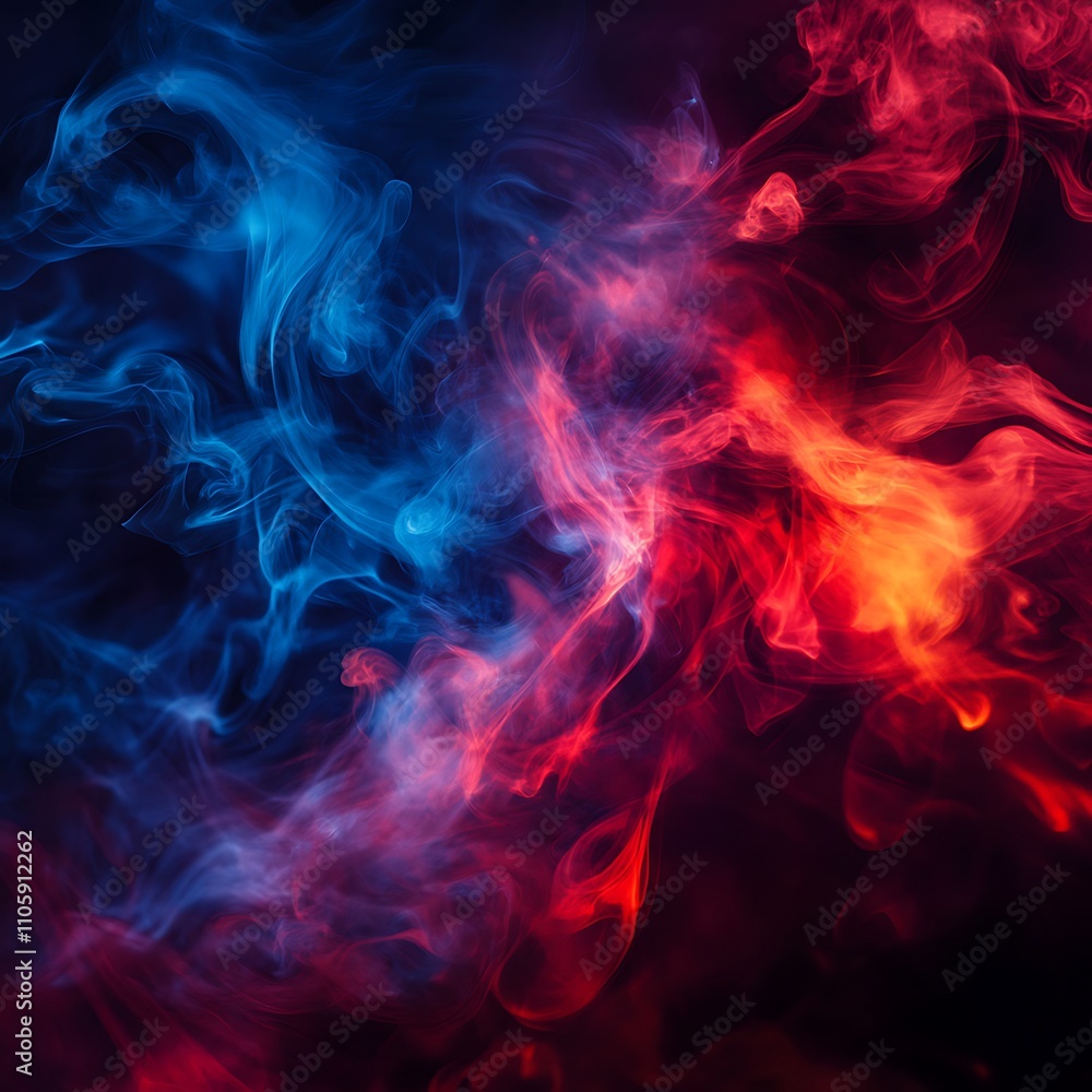 Fototapeta premium Luminous red and blue smoke swirling in an abstract composition.