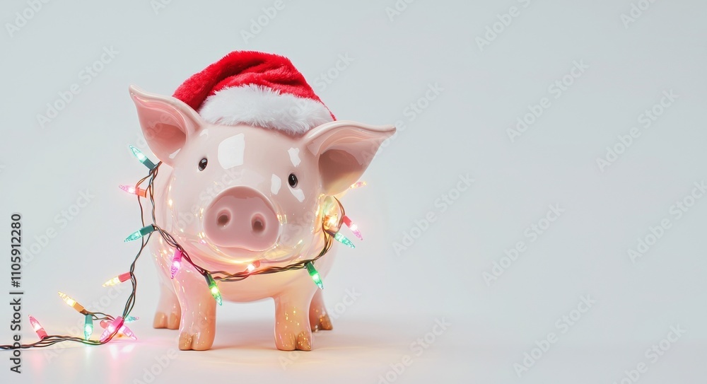 Pink piggy bank wearing a santa claus hat and wrapped in colorful christmas lights is set against a minimalist white backdrop, representing holiday savings and budgeting Pink piggy bank wearing a santa claus hat and wrapped in colorful christmas lights is set against a minimalist white backdrop, representing holiday savings and budgeting