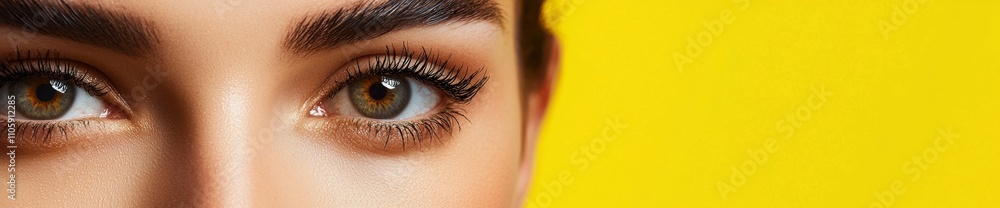 Obraz premium Close-up of beautiful female eyes with long eyelashes and perfect eyebrows makeup looking intensely, showcasing the results of professional beauty treatment against a vibrant yellow backdrop
