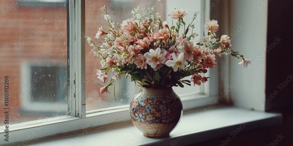 Small bouquet of spring flowers in a decorative vase on a windowsill Small bouquet of spring flowers in a decorative vase on a windowsill