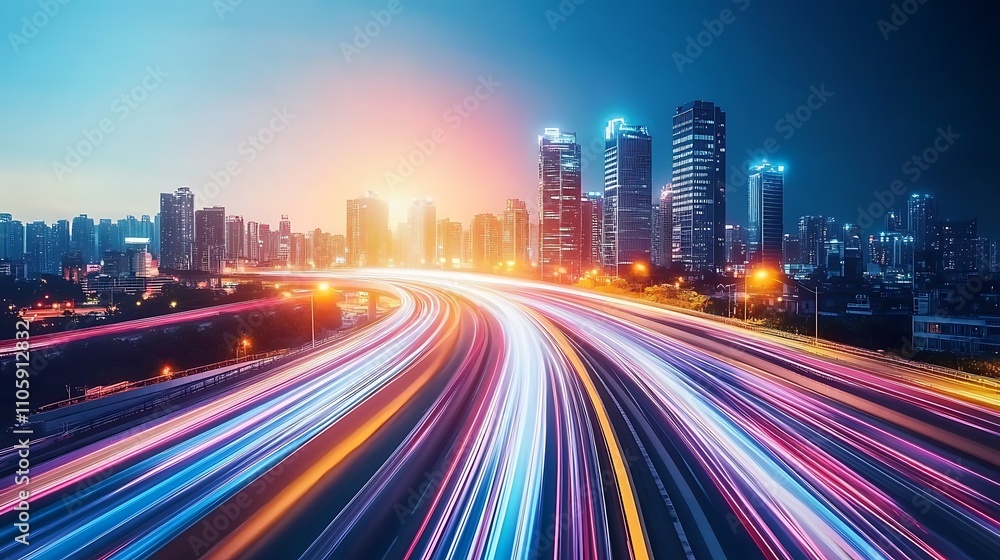 Fototapeta premium Cityscape at Dusk Showing Traffic Light Trails