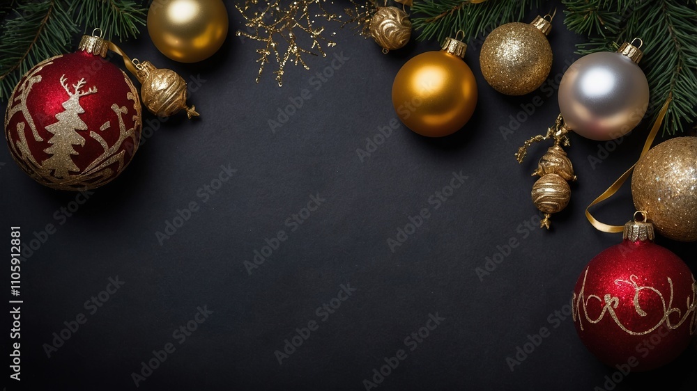 Decoración festiva con esferas navideñas rojas con patrones dorados junto con bolas doradas y plateadas en fondo negro y espacio para escribir. Postal Navideña Decoración festiva con esferas navideñas rojas con patrones dorados junto con bolas doradas y plateadas en fondo negro y espacio para escribir. Postal Navideña