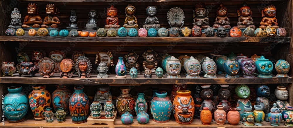 A diverse collection of handcrafted ceramic art pieces including vases vessels figurines and potteries of various styles colors and textures displayed on wooden shelves A diverse collection of handcrafted ceramic art pieces including vases vessels figurines and potteries of various styles colors and textures displayed on wooden shelves