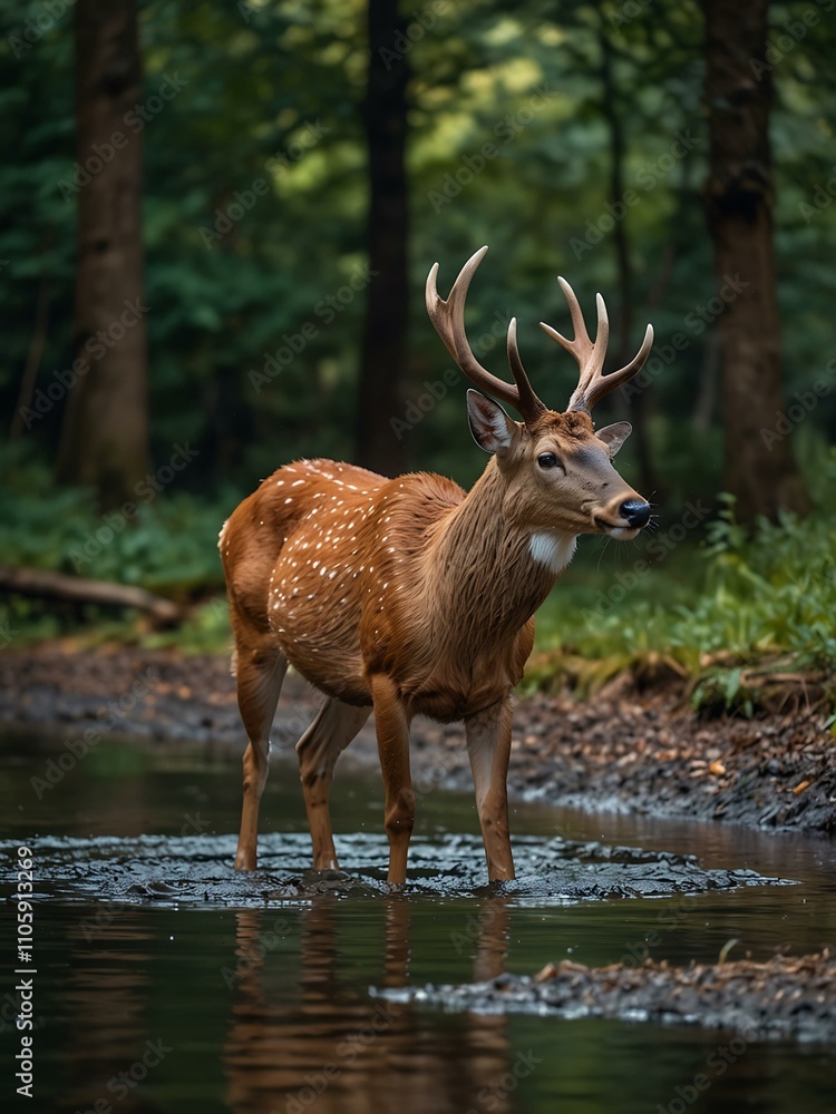 Obraz premium Deer drinking from a quiet stream in the forest.
