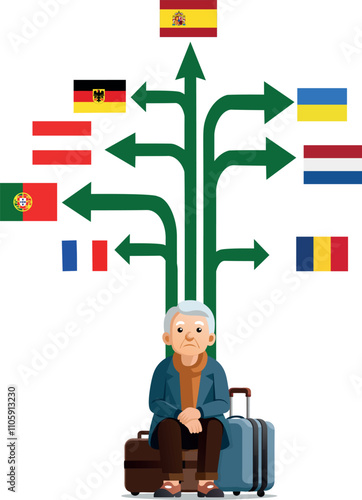 Senior tourist choosing travel destination with multiple country flags and arrows