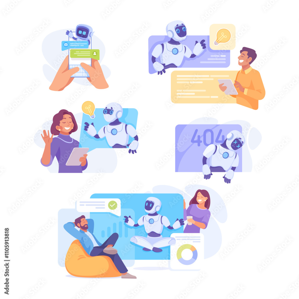 Robot Character as Smart Android Assistant Machine Vector Illustration Set Robot Character as Smart Android Assistant Machine Vector Illustration Set