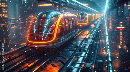 A high speed futuristic train glides through a luminous neon drenched cityscape in a cyberpunk inspired high tech vision of urban transportation in the future  The train s sleek photo