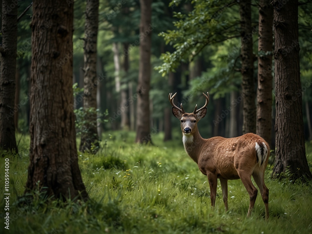 Obraz premium Deer peacefully grazing in the forest.