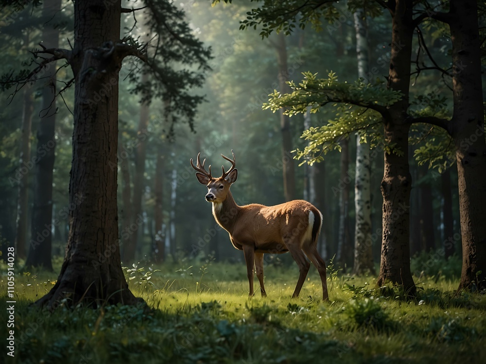 Fototapeta premium Deer peacefully grazing in the forest.
