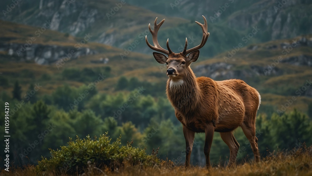 Fototapeta premium Deer standing majestically in the mountains.