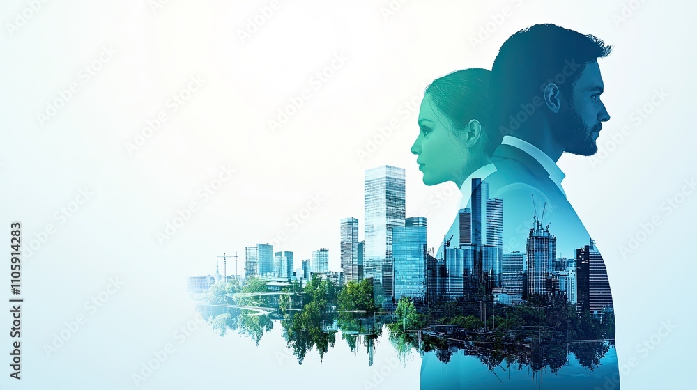 Obraz premium Double Exposure of Confident Businessman and Businesswoman Against Urban Landscape, Symbolizing Ambition, Career Growth, and Collaboration in Modern Environment