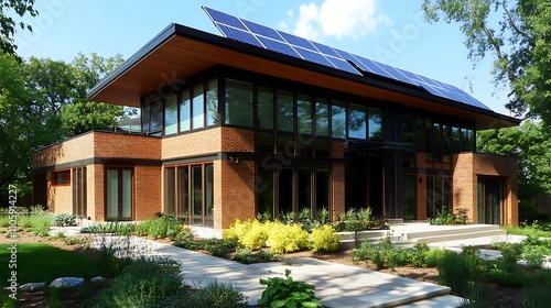 Modern Sustainable Home with Solar Panels in Lush Green Landscape AI Generated