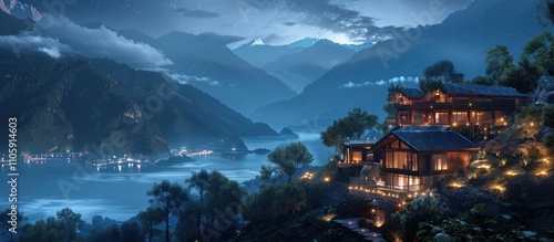 Enchanting lakeside chalet with rustic architecture nestled among towering mountains reflected in the calm waters of the scenic lake under a starry night sky
