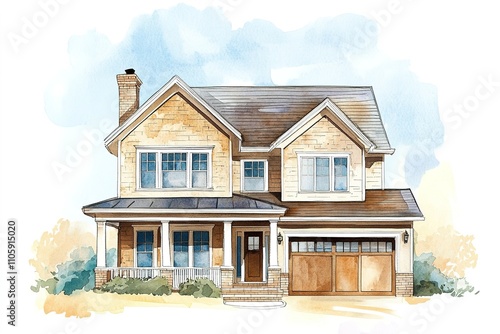 Watercolor illustration of cozy two-story house with garage