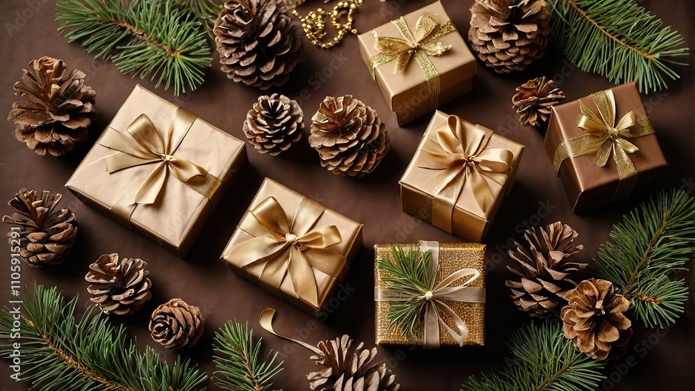 Vertical shot capturing the charm of lavish gift boxes, brown and golden ornaments, pine cones, and winter greenery on a sumptuous brown background. Space for your holiday or advertising text Vertical shot capturing the charm of lavish gift boxes, brown and golden ornaments, pine cones, and winter greenery on a sumptuous brown background. Space for your holiday or advertising text